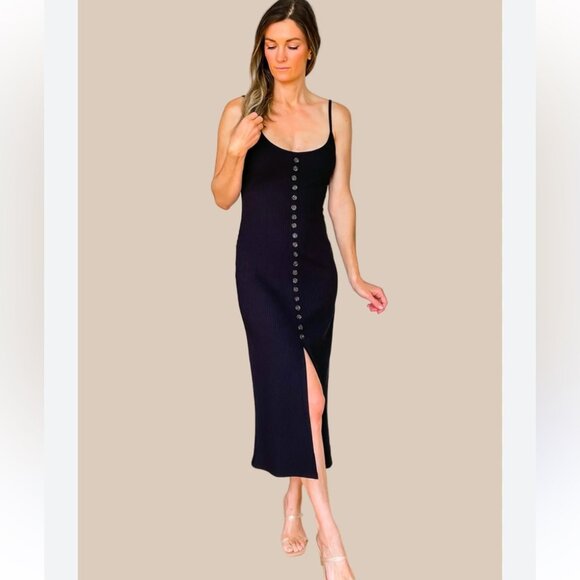 Olivia & James Black Ribbed Button Front Midi Dress - Picture 1 of 11